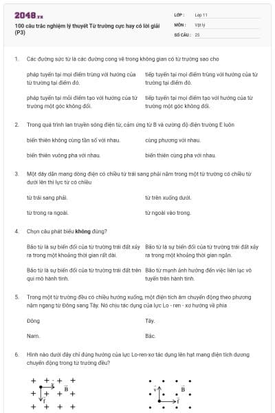 100 câu trắc nghiệm lý thuyết Từ trường cực hay có lời giải (P3)