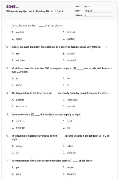 Bài tập trắc nghiệm Unit 9 - Reading điền từ có đáp án