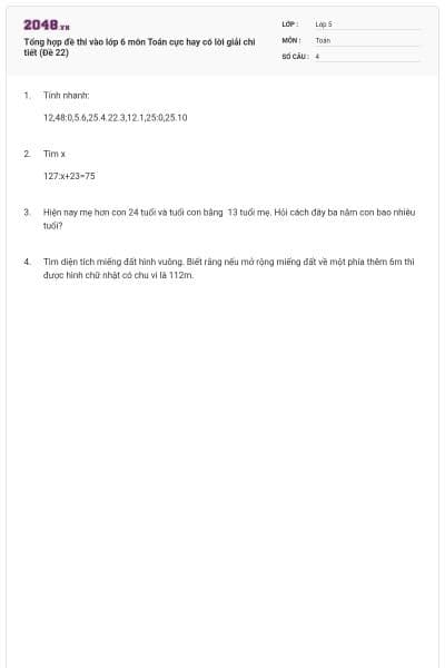 Tổng hợp đề thi vào lớp 6 môn Toán cực hay có lời giải chi tiết (Đề 22)