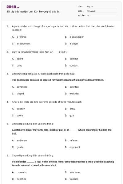 Bài tập trắc nghiệm Unit 12 - Từ vựng có đáp án
