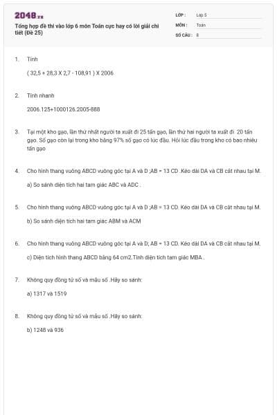 Tổng hợp đề thi vào lớp 6 môn Toán cực hay có lời giải chi tiết (Đề 25)