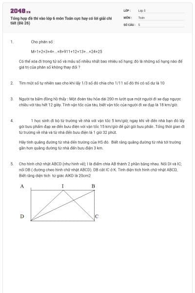 Tổng hợp đề thi vào lớp 6 môn Toán cực hay có lời giải chi tiết (Đề 26)