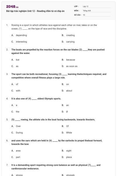 Bài tập trắc nghiệm Unit 12 - Reading điền từ có đáp án