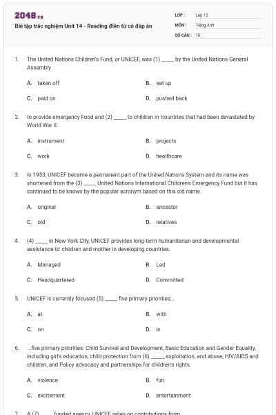Bài tập trắc nghiệm Unit 14 - Reading điền từ có đáp án