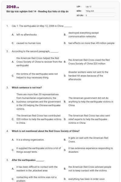 Bài tập trắc nghiệm Unit 14 - Reading đọc hiểu có đáp án