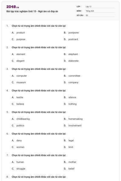 Bài tập trắc nghiệm Unit 15 - Ngữ âm có đáp án