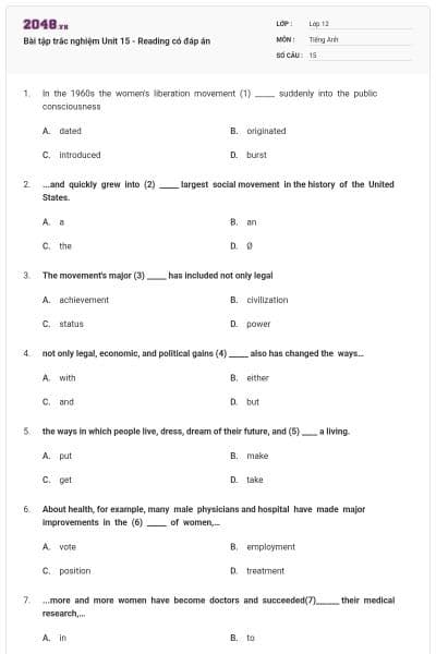 Bài tập trắc nghiệm Unit 15 - Reading có đáp án