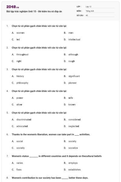 Bài tập trắc nghiệm Unit 15 - Đề kiểm tra có đáp án