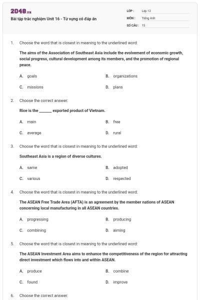 Bài tập trắc nghiệm Unit 16 - Từ vựng có đáp án