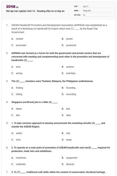 Bài tập trắc nghiệm Unit 16 - Reading điền từ có đáp án