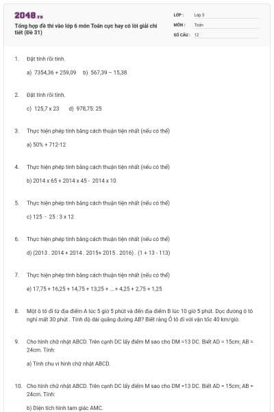 Tổng hợp đề thi vào lớp 6 môn Toán cực hay có lời giải chi tiết (Đề 31)