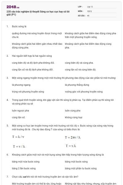 235 câu trắc nghiệm lý thuyết Sóng cơ học cực hay có lời giải (P1)