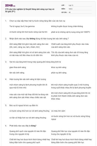 270 câu trắc nghiệm lý thuyết Sóng ánh sáng cực hay có lời giải (P1)