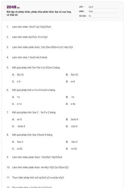 Bài tập về phép nhân, phép chia phân thức đại số cực hay, có đáp án