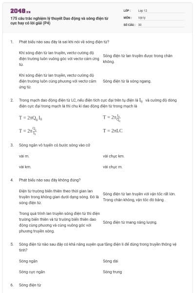 175 câu trắc nghiệm lý thuyết Dao động và sóng điện từ cực hay có lời giải (P4)