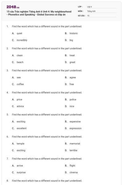 15 câu Trắc nghiệm Tiếng Anh 6 Unit 4: My neighbourhood - Phonetics and Speaking - Global Success có đáp án