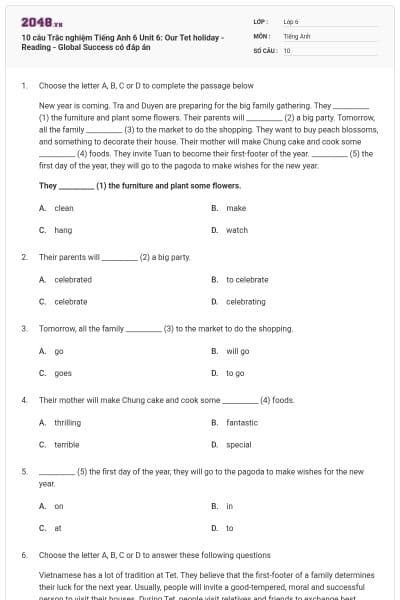 10 câu Trắc nghiệm Tiếng Anh 6 Unit 6: Our Tet holiday - Reading - Global Success có đáp án
