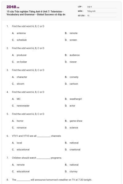 15 câu Trắc nghiệm Tiếng Anh 6 Unit 7: Television - Vocabulary and Grammar - Global Success có đáp án