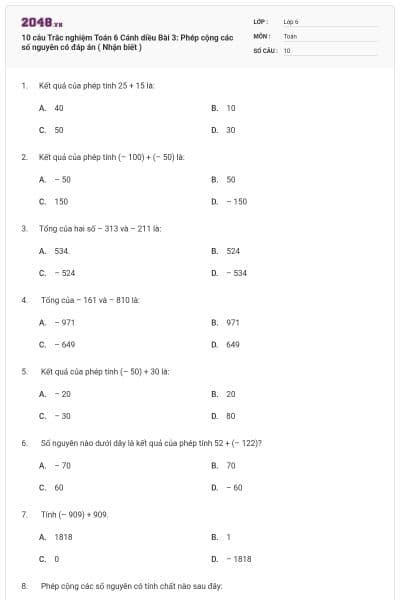 10 câu Trắc nghiệm Toán 6 Cánh diều Bài 3: Phép cộng các số nguyên có đáp án ( Nhận biết )