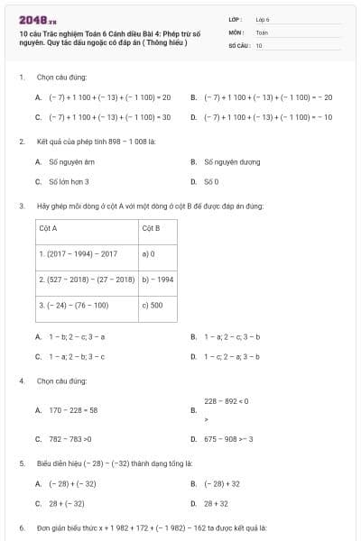 10 câu Trắc nghiệm Toán 6 Cánh diều Bài 4: Phép trừ số nguyên. Quy tắc dấu ngoặc có đáp án ( Thông hiểu )