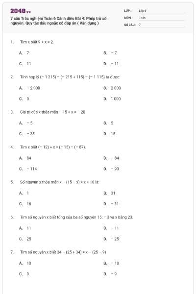 7 câu Trắc nghiệm Toán 6 Cánh diều Bài 4: Phép trừ số nguyên. Quy tắc dấu ngoặc có đáp án ( Vận dụng )