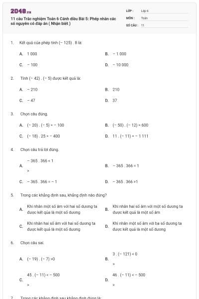11 câu Trắc nghiệm Toán 6 Cánh diều Bài 5: Phép nhân các số nguyên có đáp án ( Nhận biết )