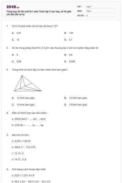 Tổng hợp đề thi cuối kì I môn Toán lớp 5 cực hay, có lời giải chi tiết (Đề số 6)