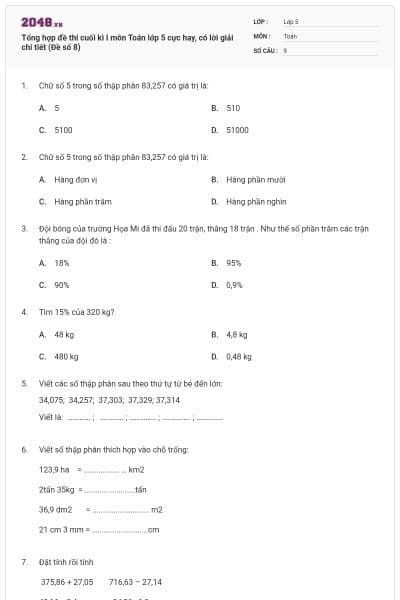Tổng hợp đề thi cuối kì I môn Toán lớp 5 cực hay, có lời giải chi tiết (Đề số 8)