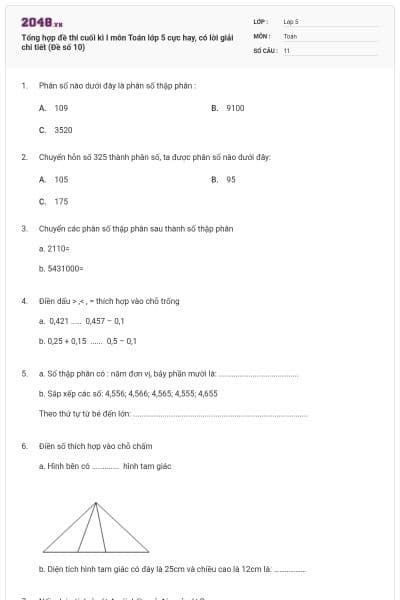 Tổng hợp đề thi cuối kì I môn Toán lớp 5 cực hay, có lời giải chi tiết (Đề số 10)