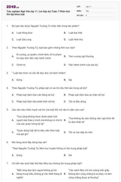 Trắc nghiệm Ngữ Văn lớp 11: (có đáp án) Tuần 7 Phân tích Xin lập khoa luật