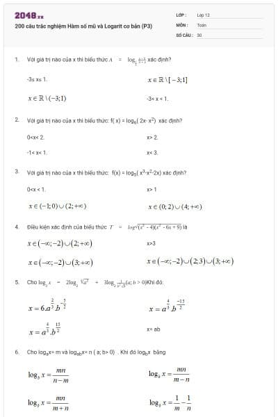 200 câu trắc nghiệm Hàm số mũ và Logarit cơ bản (P3)