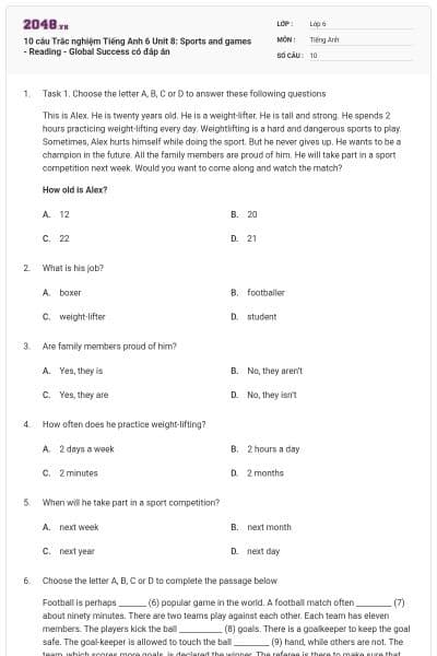 10 câu Trắc nghiệm Tiếng Anh 6 Unit 8: Sports and games - Reading - Global Success có đáp án
