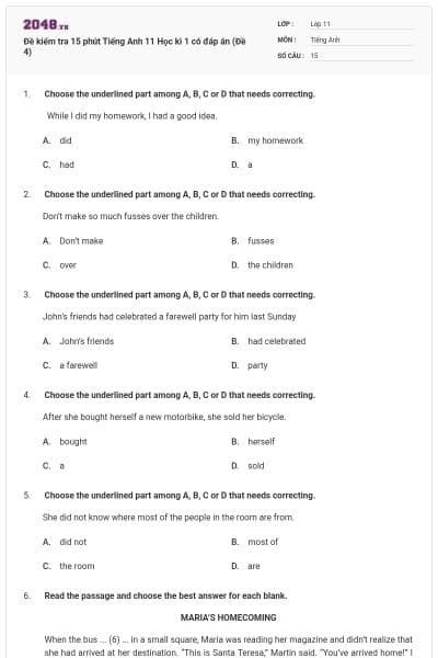 Đề kiểm tra 15 phút Tiếng Anh 11 Học kì 1 có đáp án (Đề 4)