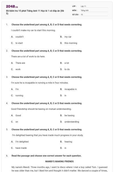 Đề kiểm tra 15 phút Tiếng Anh 11 Học kì 1 có đáp án (Đề 5)