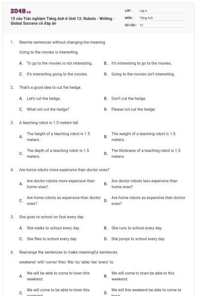 15 câu Trắc nghiệm Tiếng Anh 6 Unit 12: Robots - Writing - Global Success có đáp án