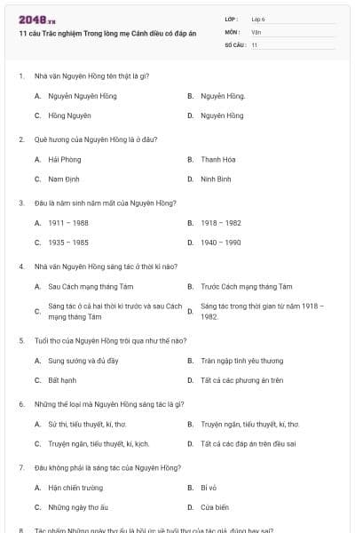 11 câu Trắc nghiệm Trong lòng mẹ Cánh diều có đáp án