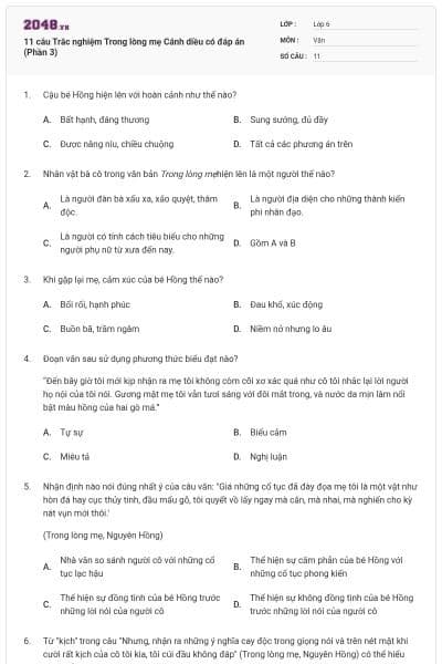 11 câu Trắc nghiệm Trong lòng mẹ Cánh diều có đáp án (Phần 3)