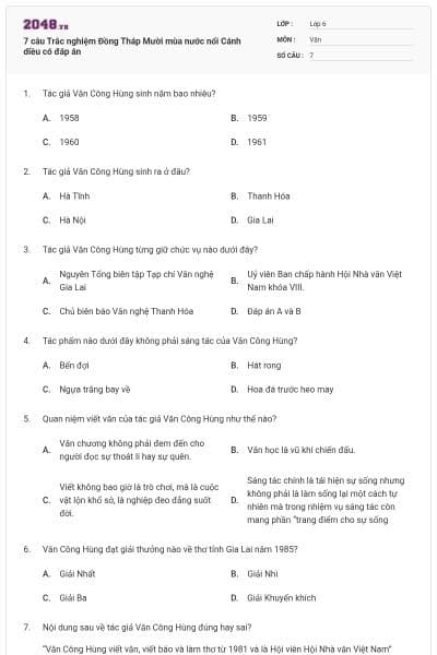 7 câu Trắc nghiệm Đồng Tháp Mười mùa nước nổi Cánh diều có đáp án