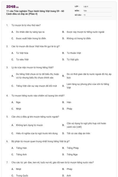 11 câu Trắc nghiệm Thực hành tiếng Việt trang 59 - 60 Cánh diều có đáp án (Phần 4)