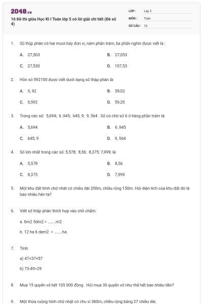 16 Đề thi giữa Học Kì I Toán lớp 5 có lời giải chi tiết (Đề số 4)