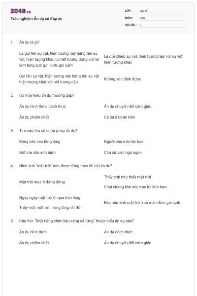 Trắc nghiệm Ẩn dụ có đáp án