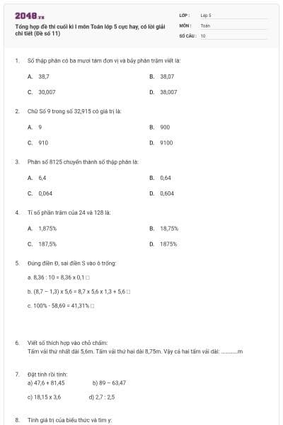 Tổng hợp đề thi cuối kì I môn Toán lớp 5 cực hay, có lời giải chi tiết (Đề số 11)