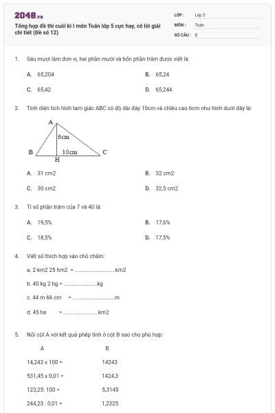 Tổng hợp đề thi cuối kì I môn Toán lớp 5 cực hay, có lời giải chi tiết (Đề số 12)