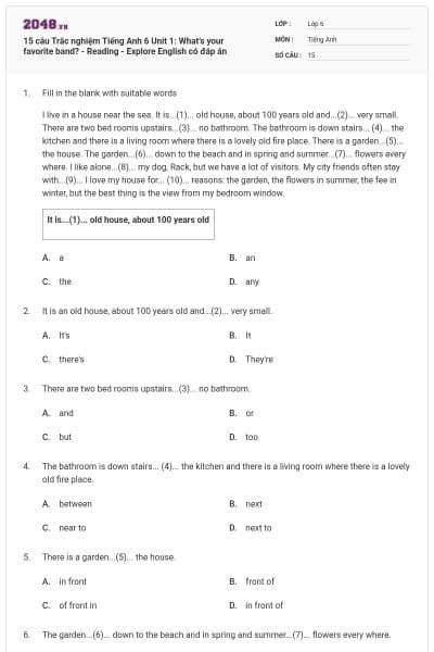 15 câu Trắc nghiệm Tiếng Anh 6 Unit 1: What’s your favorite band? - Reading - Explore English có đáp án