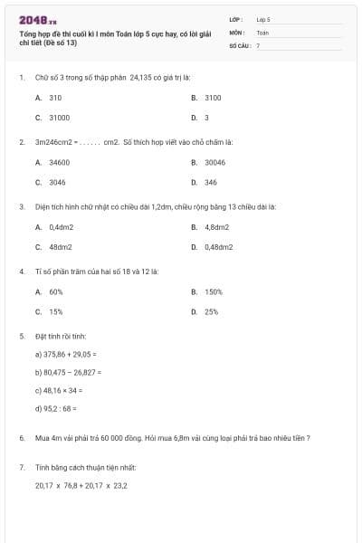 Tổng hợp đề thi cuối kì I môn Toán lớp 5 cực hay, có lời giải chi tiết (Đề số 13)