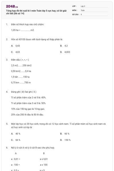 Tổng hợp đề thi cuối kì I môn Toán lớp 5 cực hay, có lời giải chi tiết (Đề số 14)