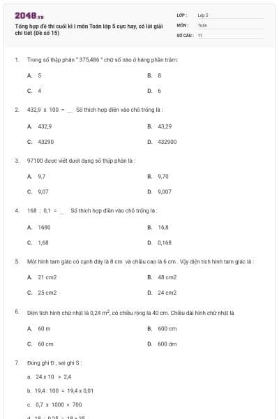 Tổng hợp đề thi cuối kì I môn Toán lớp 5 cực hay, có lời giải chi tiết (Đề số 15)