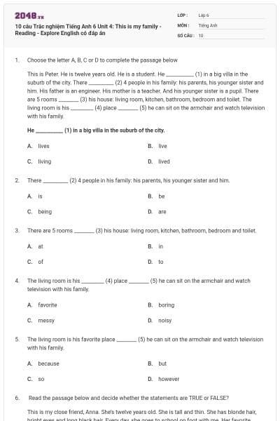 10 câu Trắc nghiệm Tiếng Anh 6 Unit 4: This is my family - Reading - Explore English có đáp án