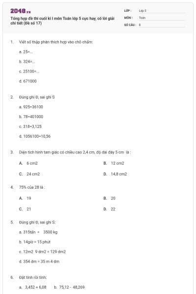 Tổng hợp đề thi cuối kì I môn Toán lớp 5 cực hay, có lời giải chi tiết (Đề số 17)