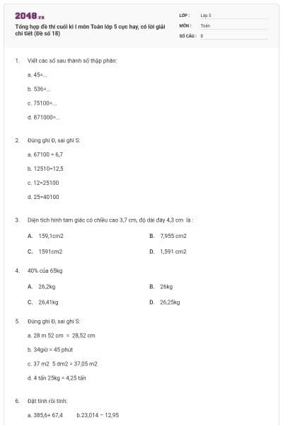 Tổng hợp đề thi cuối kì I môn Toán lớp 5 cực hay, có lời giải chi tiết (Đề số 18)